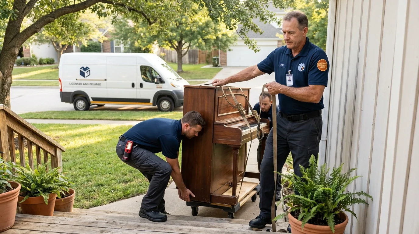 Licensed piano movers securing grand piano in Lithopolis, OH