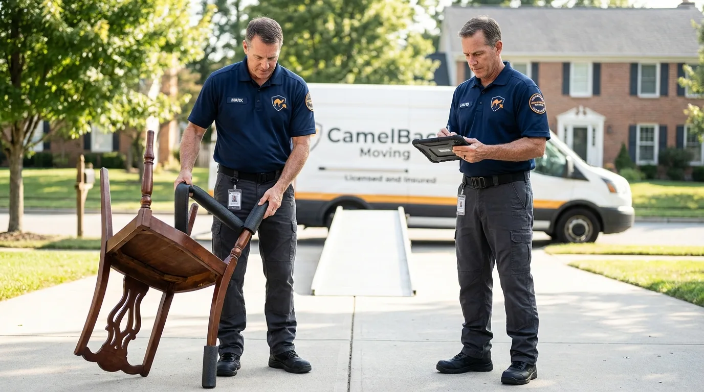 Movers inspecting furniture for damage prevention before loading in Lithopolis, OH
