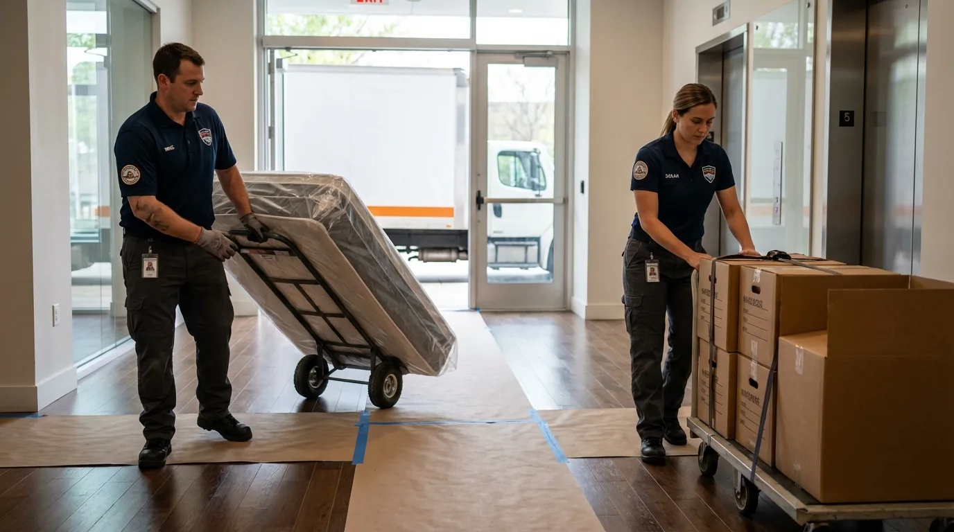 Professional apartment movers loading elevator in Lithopolis, OH