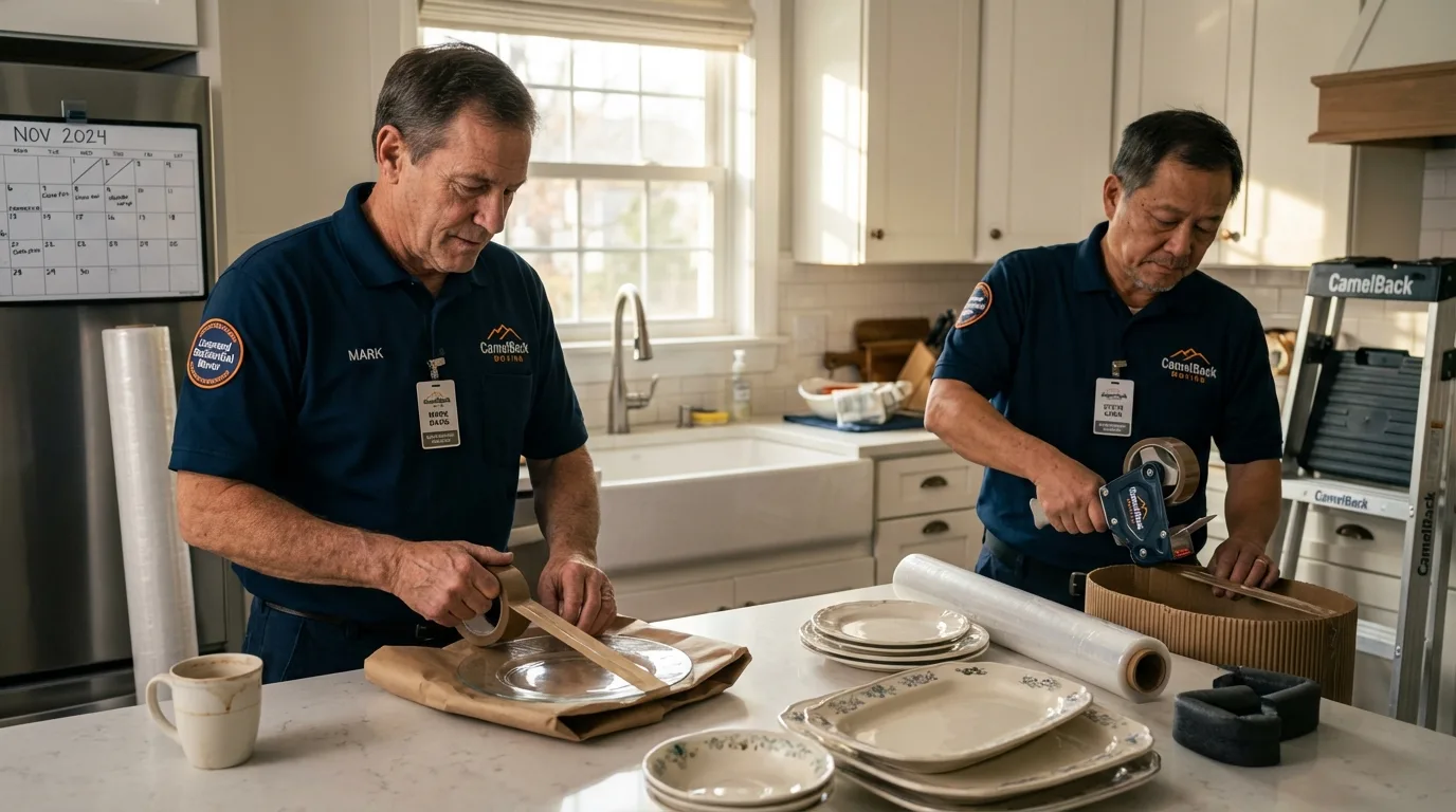 Professional crew packing kitchen dishware in Lithopolis, OH